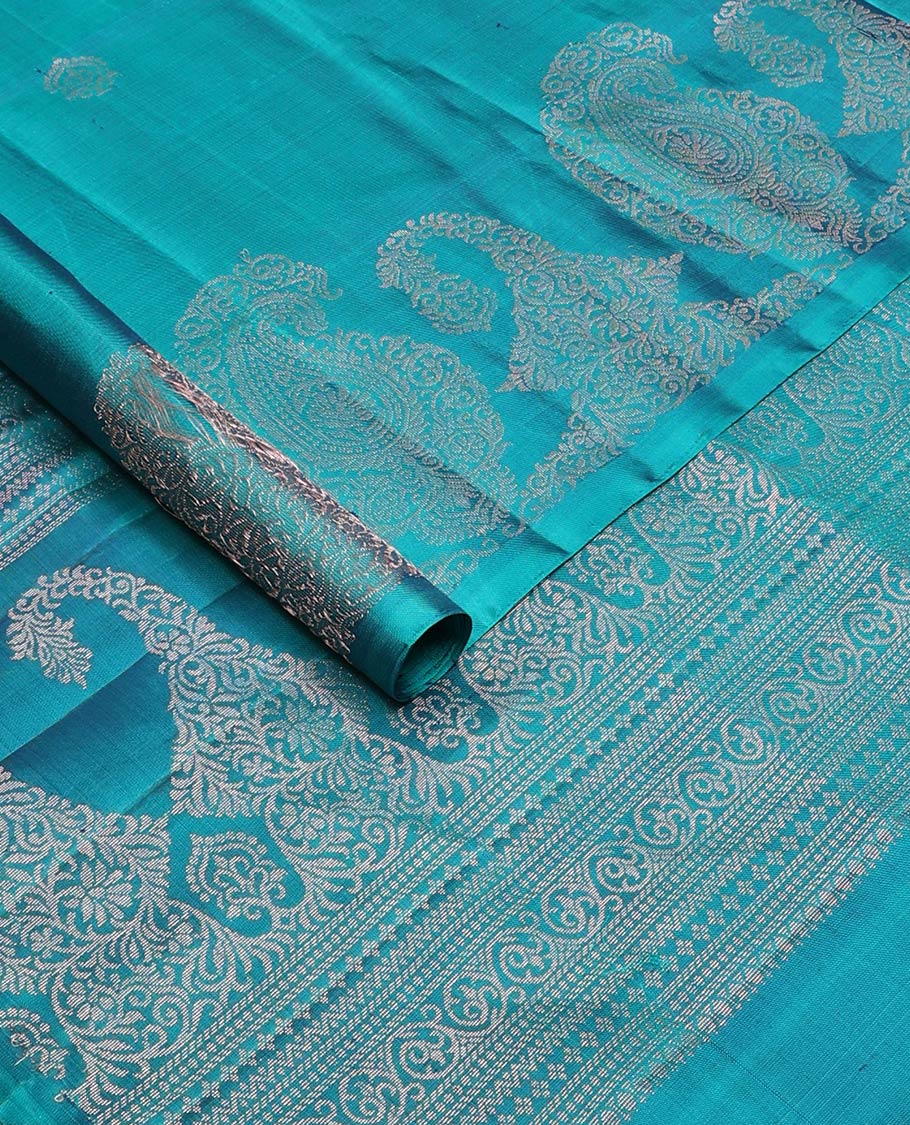 Borderless blue zari buttas and paisleys soft silk saree, zari woven pallu of intricate designs