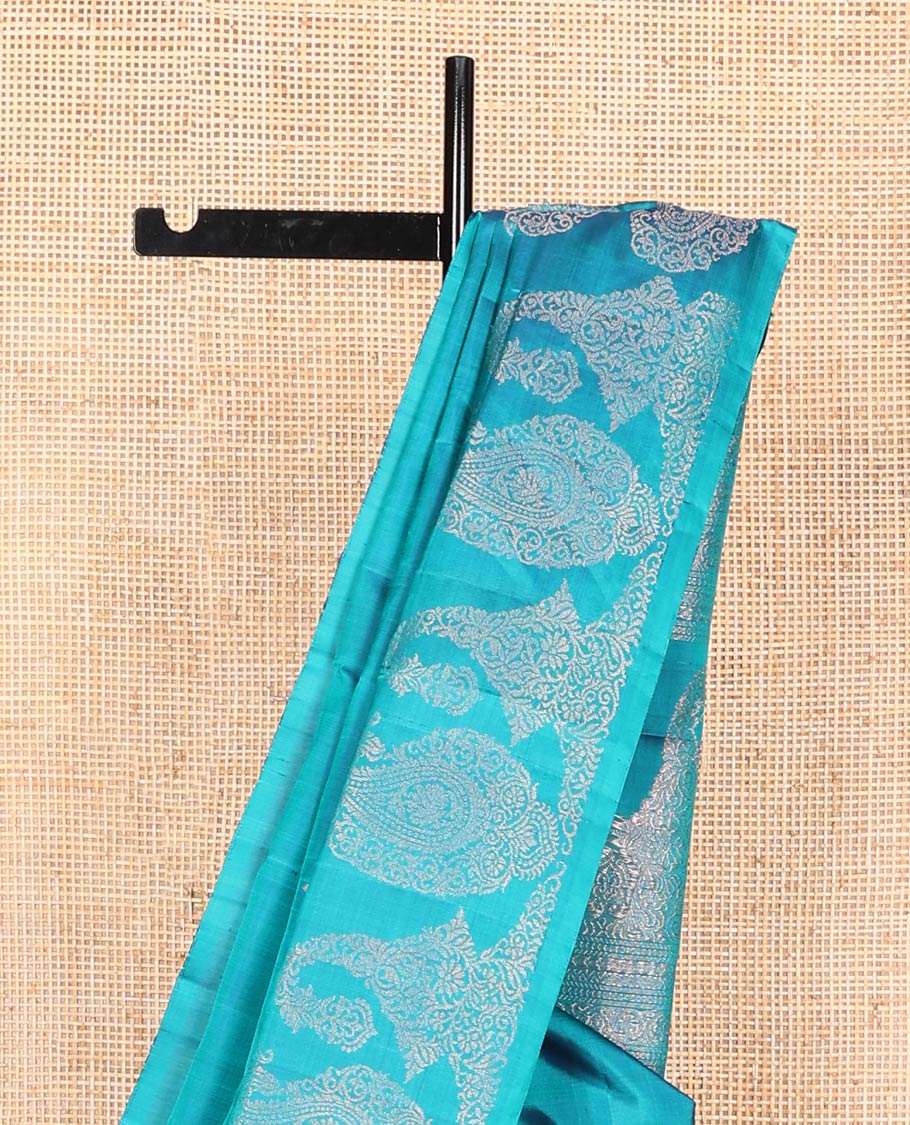 Borderless blue zari buttas and paisleys soft silk saree, zari woven pallu of intricate designs