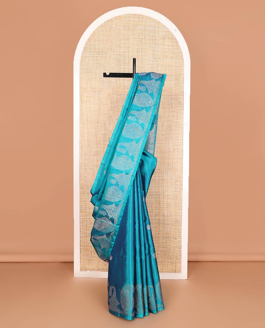 Borderless blue zari buttas and paisleys soft silk saree, zari woven pallu of intricate designs