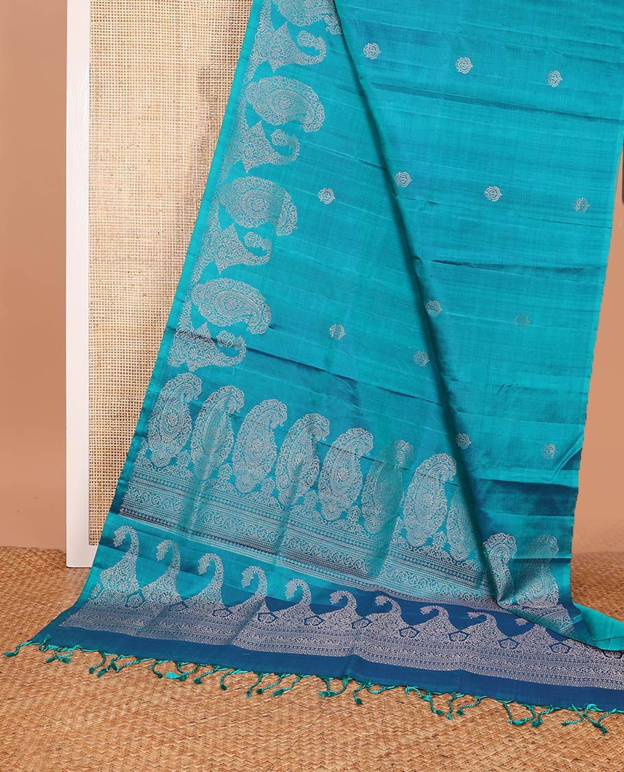 Borderless blue zari buttas and paisleys soft silk saree, zari woven pallu of intricate designs