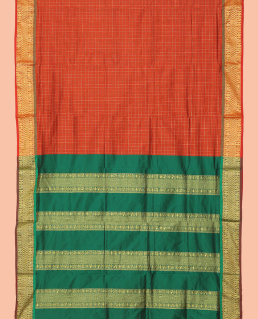 Orange Checked Nine-Yard Saree, Highlighted by a Zari Border of Peacock-Chakram and Ara Maadam Designs, Traditional Pallu, and No Blouse