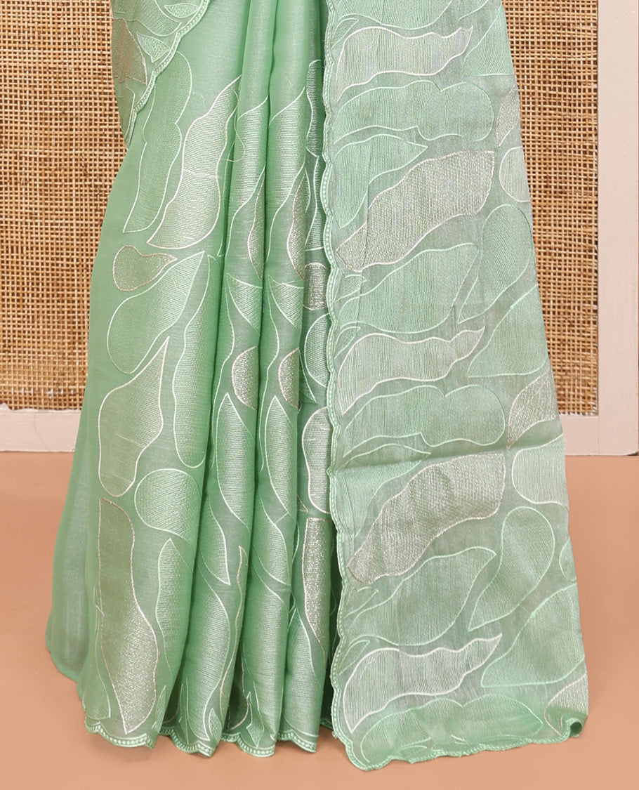 Pista Green Organza Saree, Subtly Enriched with Abstract-Style Embroidery, a Scallop Border, and a Matching Blouse