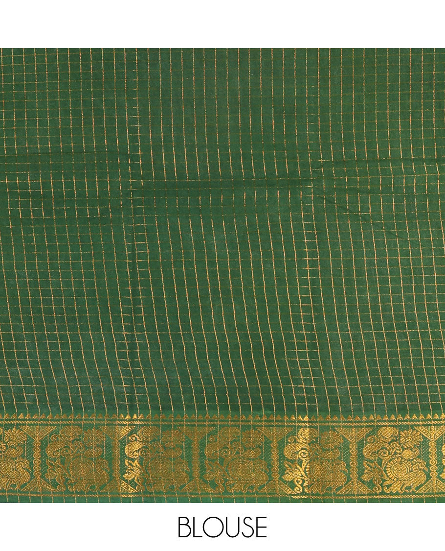 Navy blue checked sungudi cotton saree, contrast zari border of peacock motifs, zari striped pallu, and a contrast zari design blouse