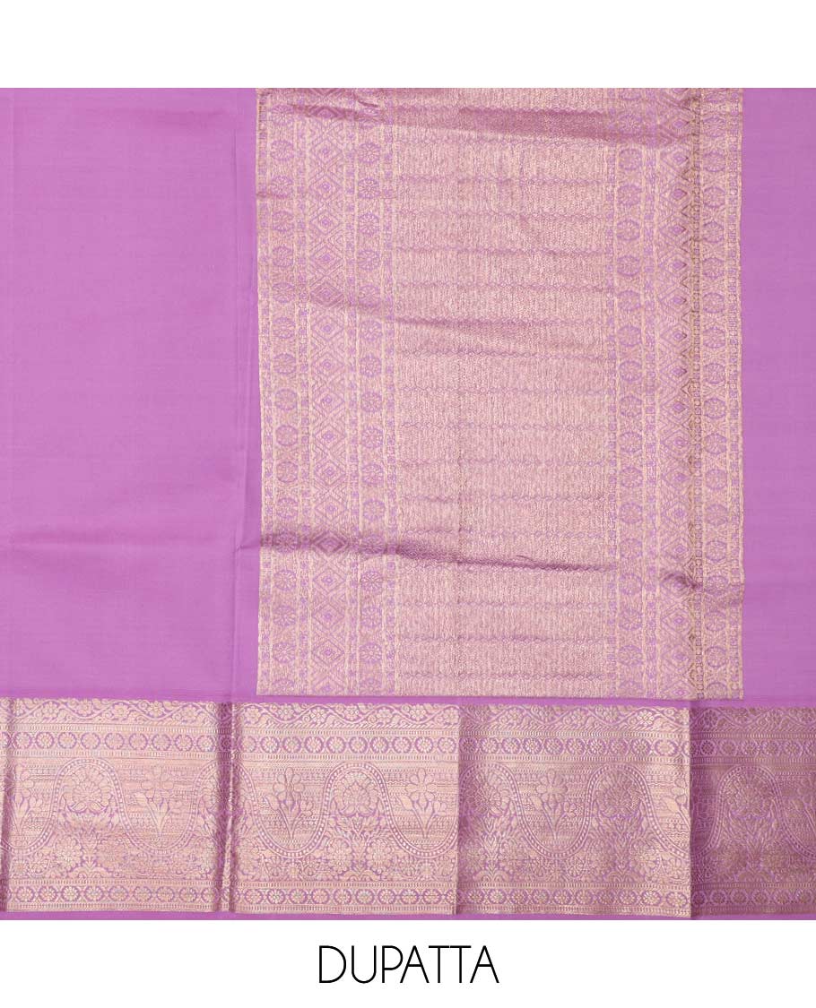 Green pure-silk half saree, jacquard with contrast traditional zari bordered skirt, blouse of thilakam, muthu, mayil kann,  kodi visiry, and kamalam motifs, and zari design dhavani