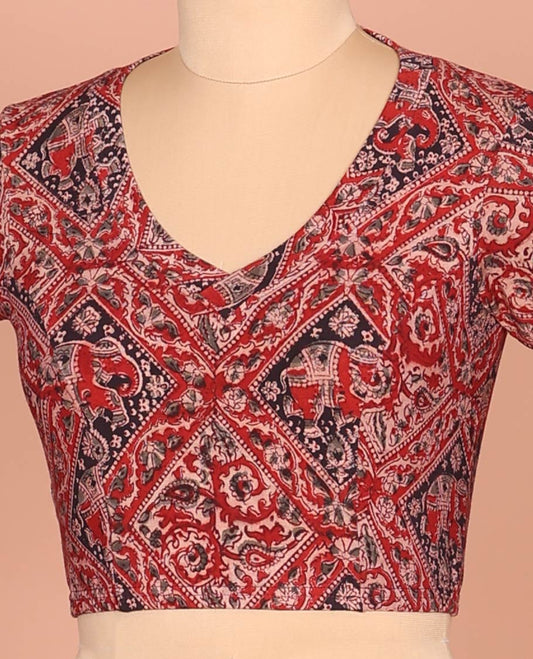 Red Cotton Readymade Blouse Adorned with All-Over Floral and Elephant Motifs Print, Featuring a Front Leaf-Neck, a Closed Back Neck, and Elbow Sleeves
