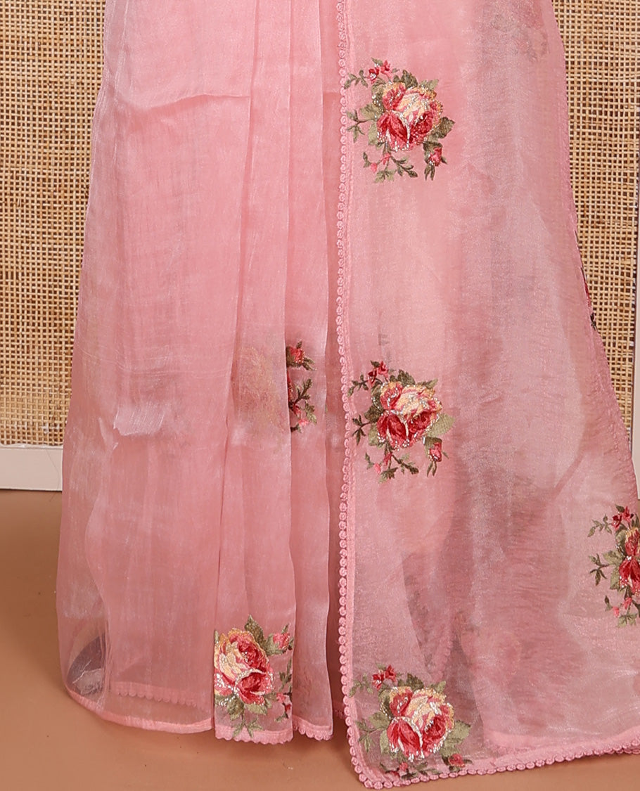 Pink rose flower colorful thread embroidered designer organza saree, thin embroidered lace border