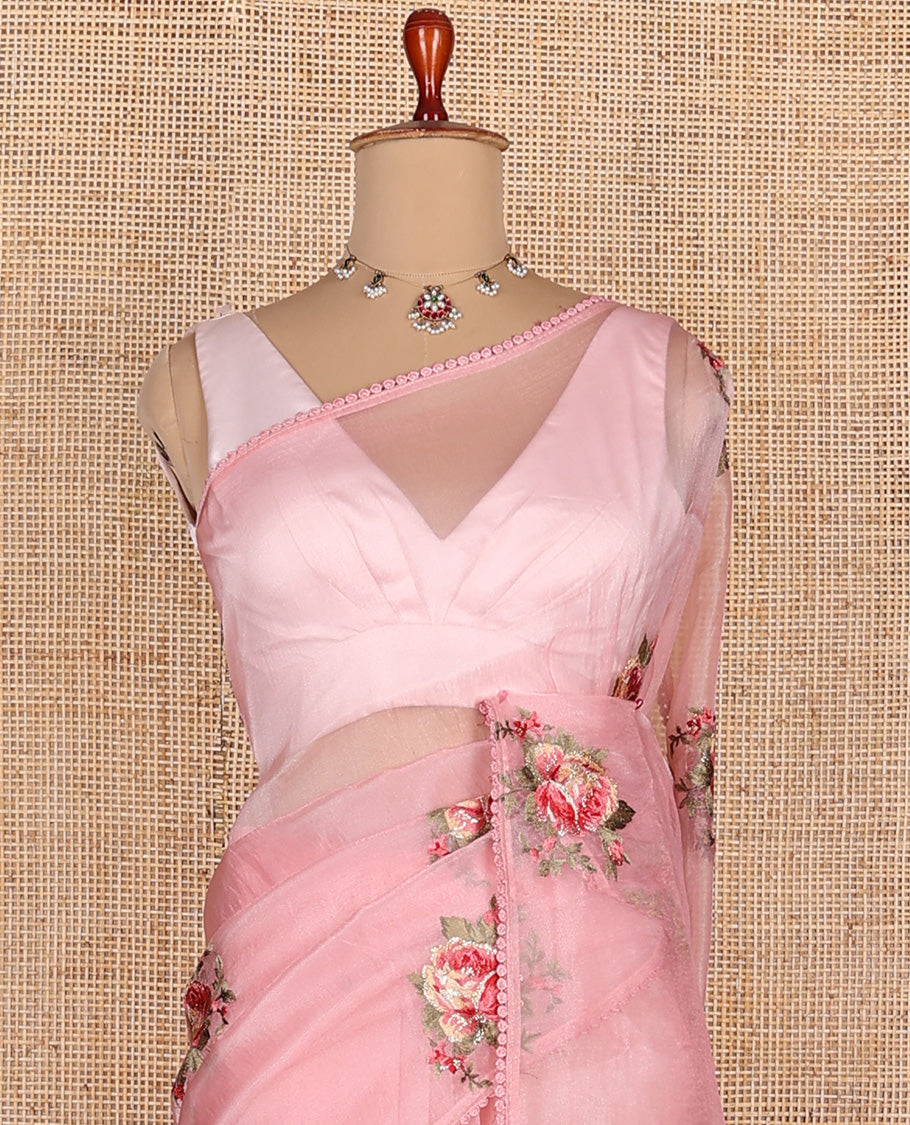 Pink rose flower colorful thread embroidered designer organza saree, thin embroidered lace border