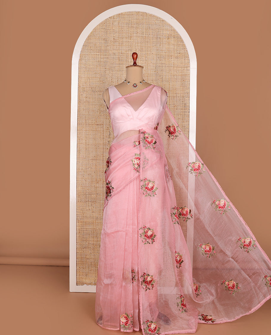Pink rose flower colorful thread embroidered designer organza saree, thin embroidered lace border