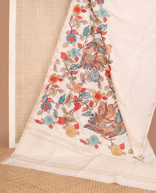 Cream colorful kalamkari-style floral & peacock motif printed tussar saree, zari border & pallu of zari stripes