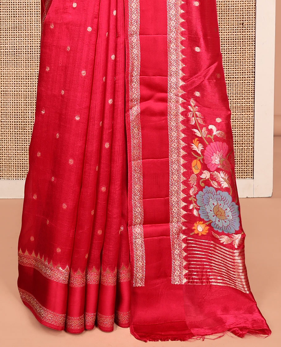 Pink Matka Silk Saree, Detailed with Meenakari Floral Vine All Over Its Body, Highlighted by Temple Rettai Pettu Border, Pallu of Stripes, and Paired with a Matching Blouse