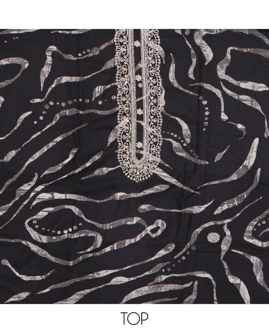 Black chudidhar material set,unique print & embroidery rayon top,plain bottom & thread embroidered chanderi silk dupatta