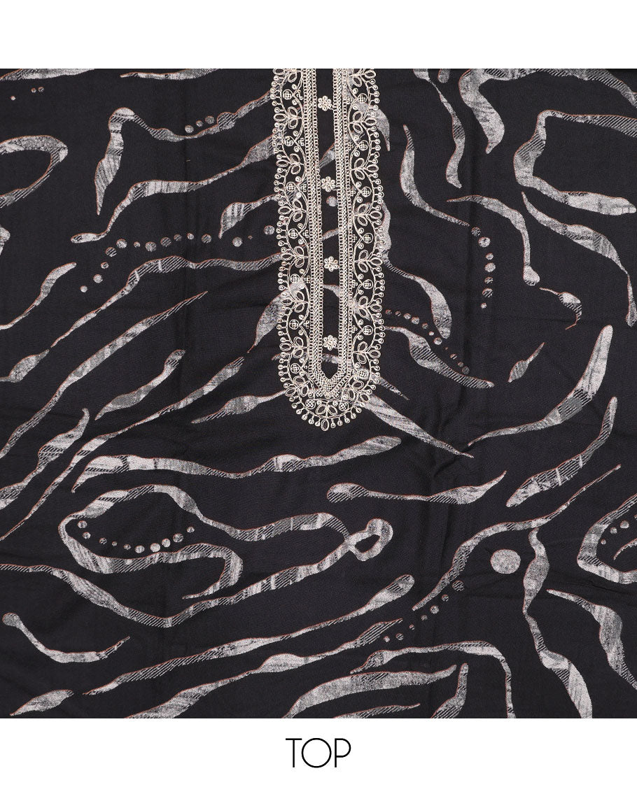 Black chudidhar material set,unique print & embroidery rayon top,plain bottom & thread embroidered chanderi silk dupatta