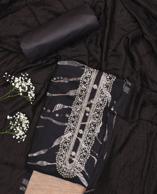 Black chudidhar material set,unique print & embroidery rayon top,plain bottom & thread embroidered chanderi silk dupatta