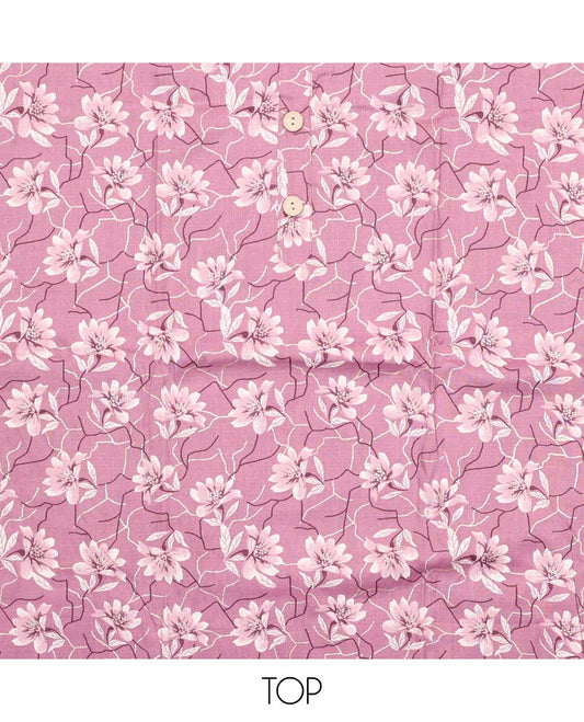 Pink material churidar set, floral print with button stitched cotton top, contrast geometric printed cotton bottom, and striped chanderi dupatta of sequins stripes