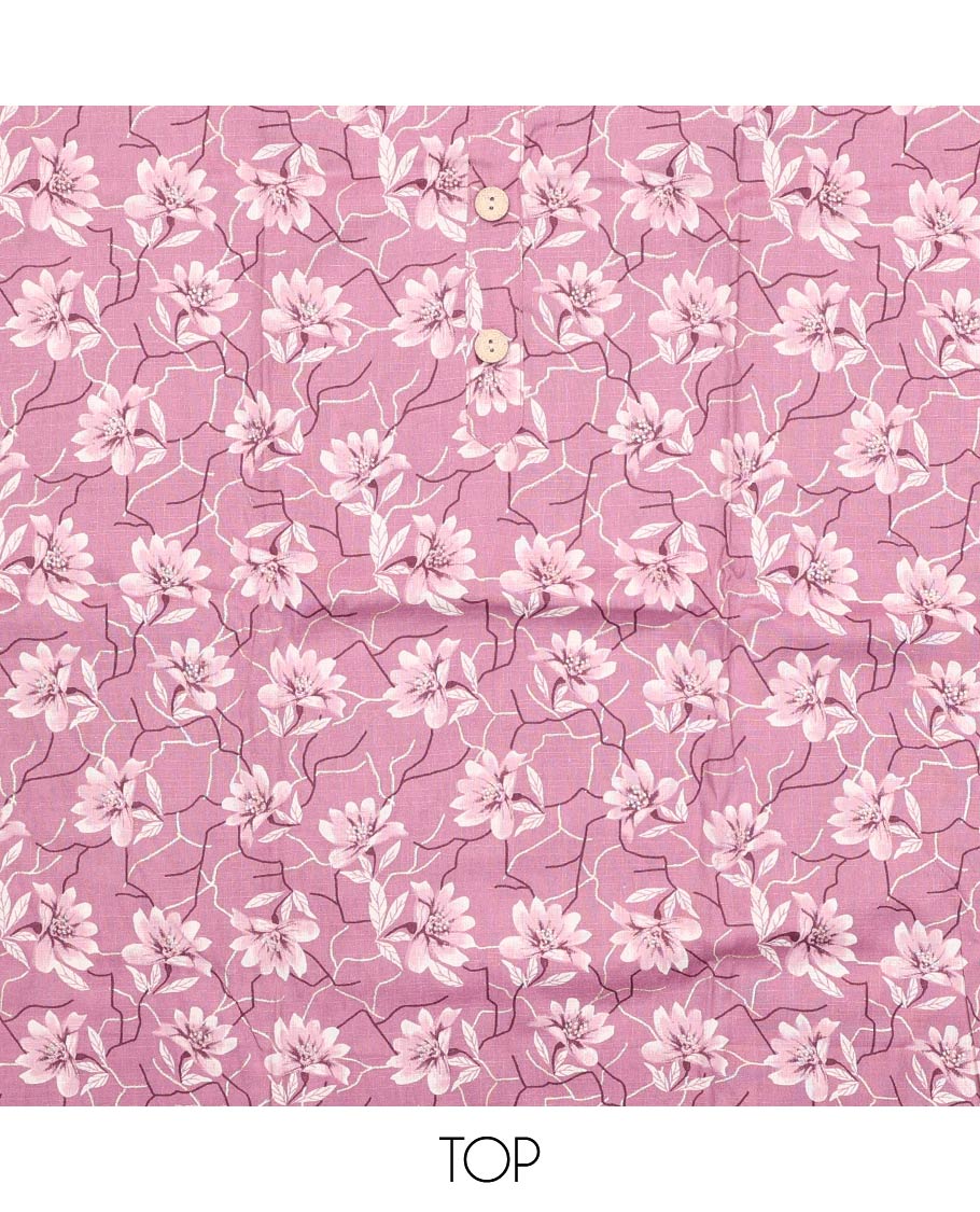 Pink material churidar set, floral print with button stitched cotton top, contrast geometric printed cotton bottom, and striped chanderi dupatta of sequins stripes