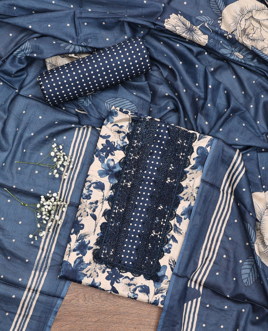 Blue Material Chudidar Set, Adorned with Floral Motifs Print and Embroidery on Cotton Top, a Polka Dot Printed Cotton Bottom, and Paired with a Floral Printed Cotton Dupatta