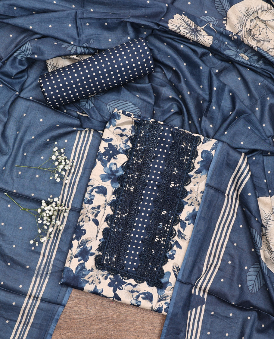Blue Material Chudidar Set, Adorned with Floral Motifs Print and Embroidery on Cotton Top, a Polka Dot Printed Cotton Bottom, and Paired with a Floral Printed Cotton Dupatta