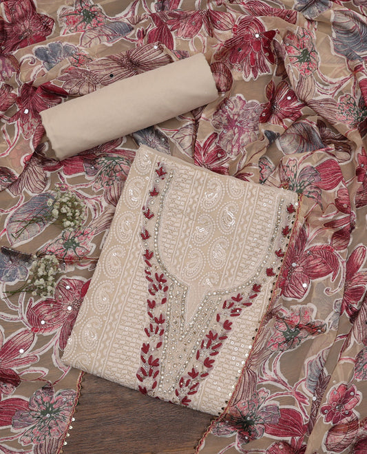 Sandal and Red Material Chudidar Set, Mesmerized with Chikankari-Style Thread and Sequins Embroidered and Neck Work on Georgette Top, a Plain Santoon Bottom, and Paired with a Floral Printed Georgette Dupatta