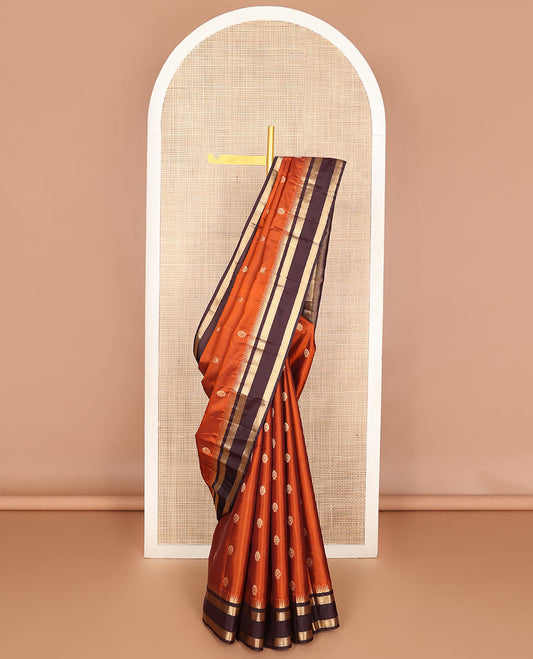Orange zari buttas Vasundhara silk mix saree, contrast rettai pettu thazampoo rekku zari border & vanki pallu