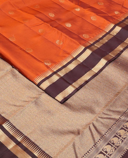 Orange zari buttas Vasundhara silk mix saree, contrast rettai pettu thazampoo rekku zari border & vanki pallu