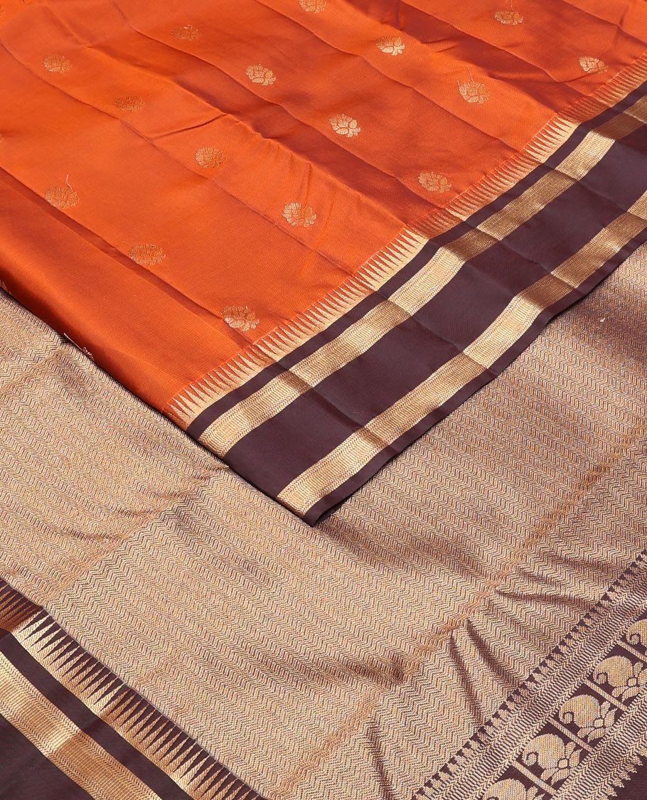 Orange zari buttas Vasundhara silk mix saree, contrast rettai pettu thazampoo rekku zari border & vanki pallu