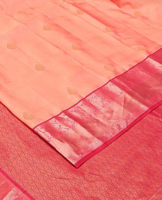 Orange zari buttas Vasundhara silk mix saree, contrast border of kodi visiry, and then kuli kann design, and jaal pallu