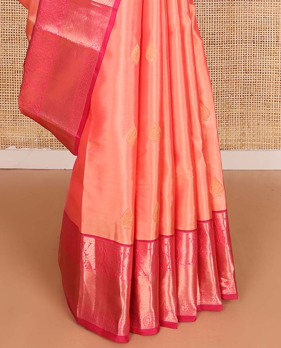 Orange zari buttas Vasundhara silk mix saree, contrast border of kodi visiry, and then kuli kann design, and jaal pallu