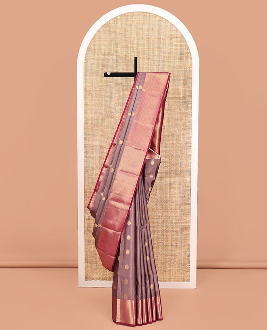 Grey Vasundhara Silk Mix Saree, Bedecked with Zari Buttas All Over Its Body, Complemented by Contrast Border of Muthu and Kathir Designs, Geometric Patterned Pallu and Paired with a Contrast Blouse