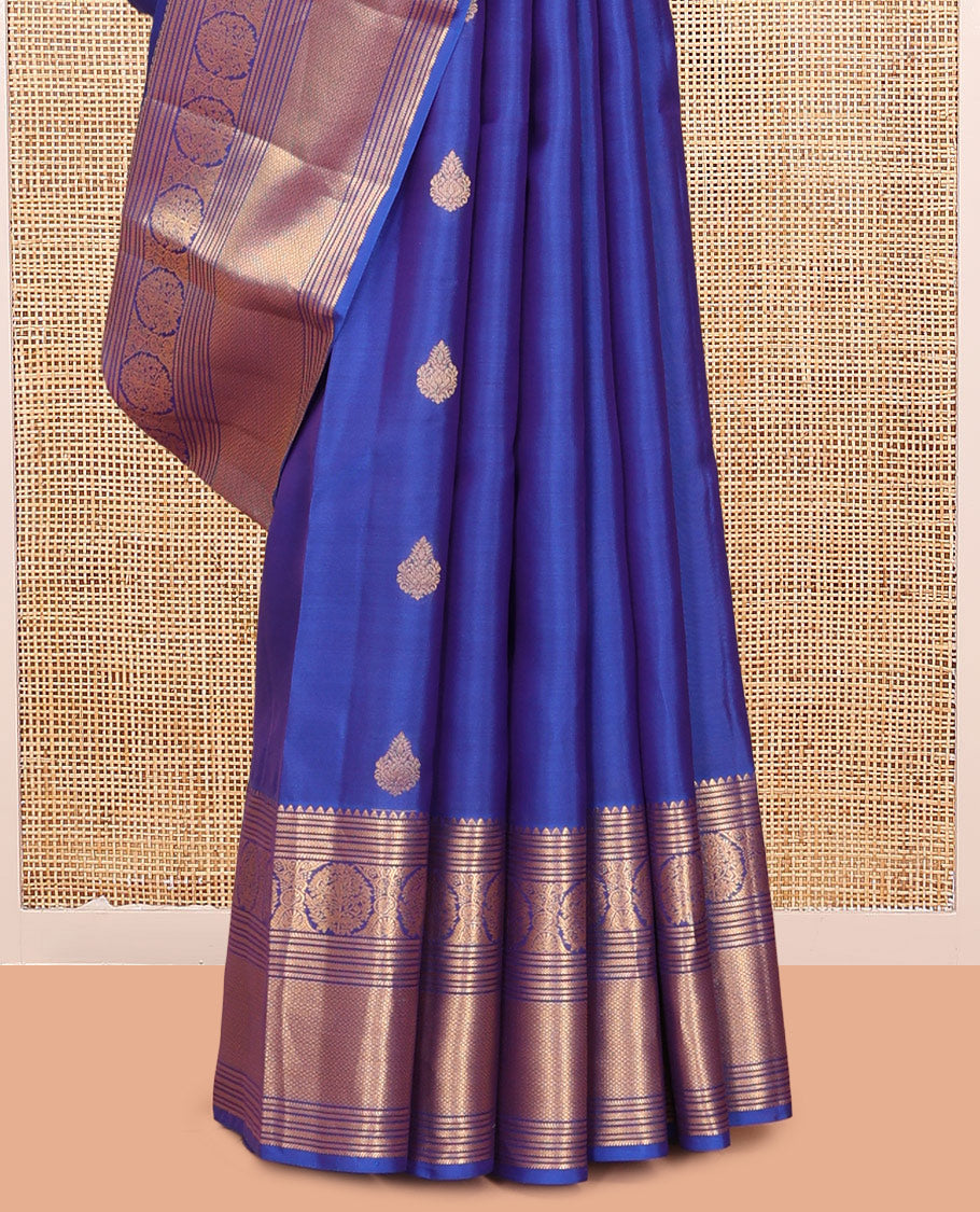 Blue Vasundhara Lite Silk Mix Saree, Finely Crafted with Zari Buttas, a Zari Border of Rekku, Banaras, Neli, Mayil Kann and Kodi Visiry, Grand Pallu, and a Matching Blouse