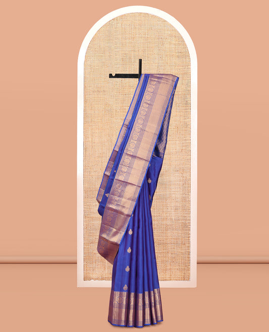 Blue Vasundhara Lite Silk Mix Saree, Finely Crafted with Zari Buttas, a Zari Border of Rekku, Banaras, Neli, Mayil Kann and Kodi Visiry, Grand Pallu, and a Matching Blouse
