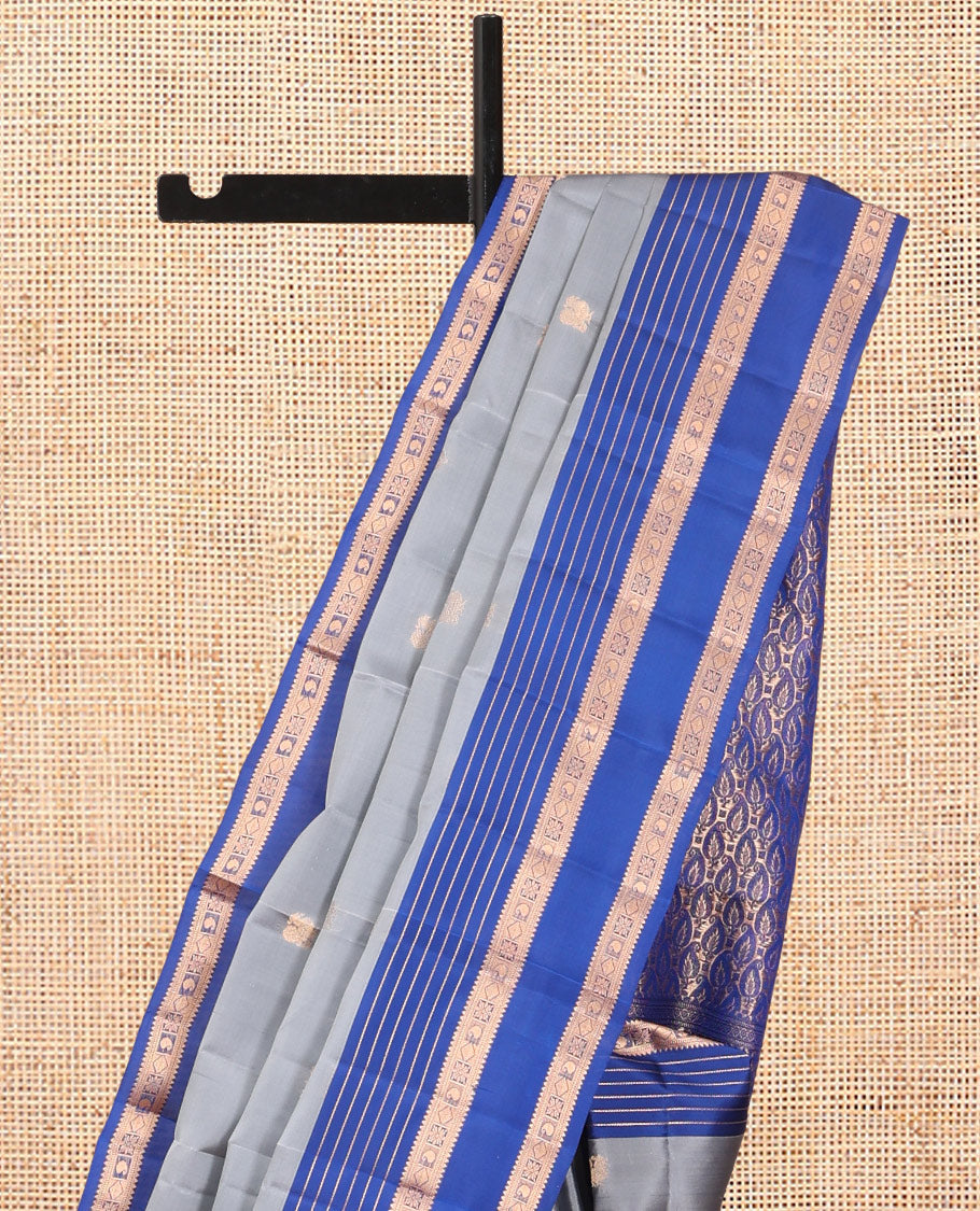 Grey Vasundhara Lite Silk Mix Saree, Ornamented with Zari Buttas, a Contrast Rettai Pettu Border of Rekku, Muthu, Diamond, and Manga Designs, Manga Pallu, and a Contrast Blouse