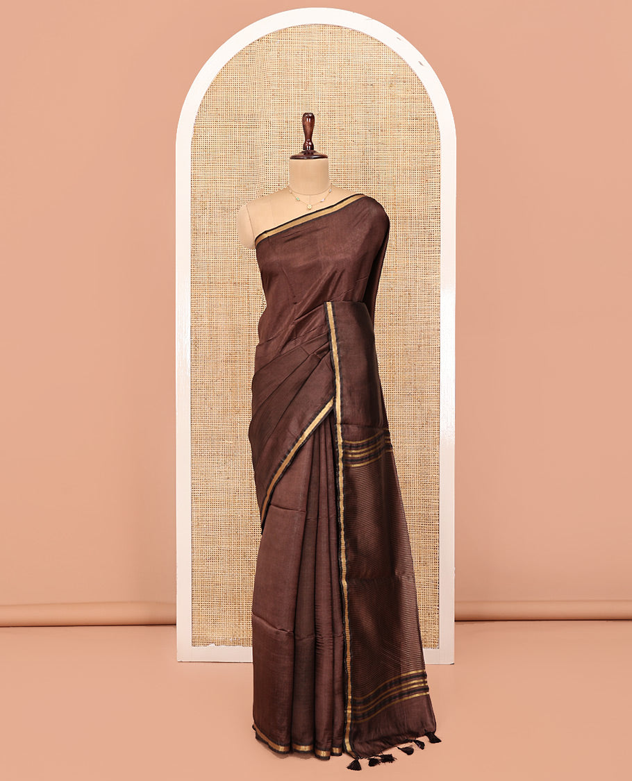 Brown Plain Banana Pith Saree, Subtle Piping Border, Pallu Steeped with Stripes, and Paired with a Matching Blouse