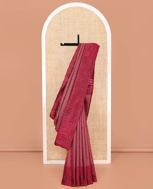 Red Vasundhara Silk Saree, Subtly Sparkled with Micro-Checked Design on Its Body, Highlighted by a Zari Border Steeped with Flower Designs, Pallu Steeped with Flower Designs, and Paired with a Matching Blouse