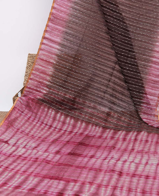 Brown striped linen cotton saree, contrast border & pallu of stripes 