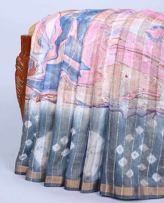 Multi-color abstract printed linen cotton saree, contrast striped border & shibori motifs printed pallu