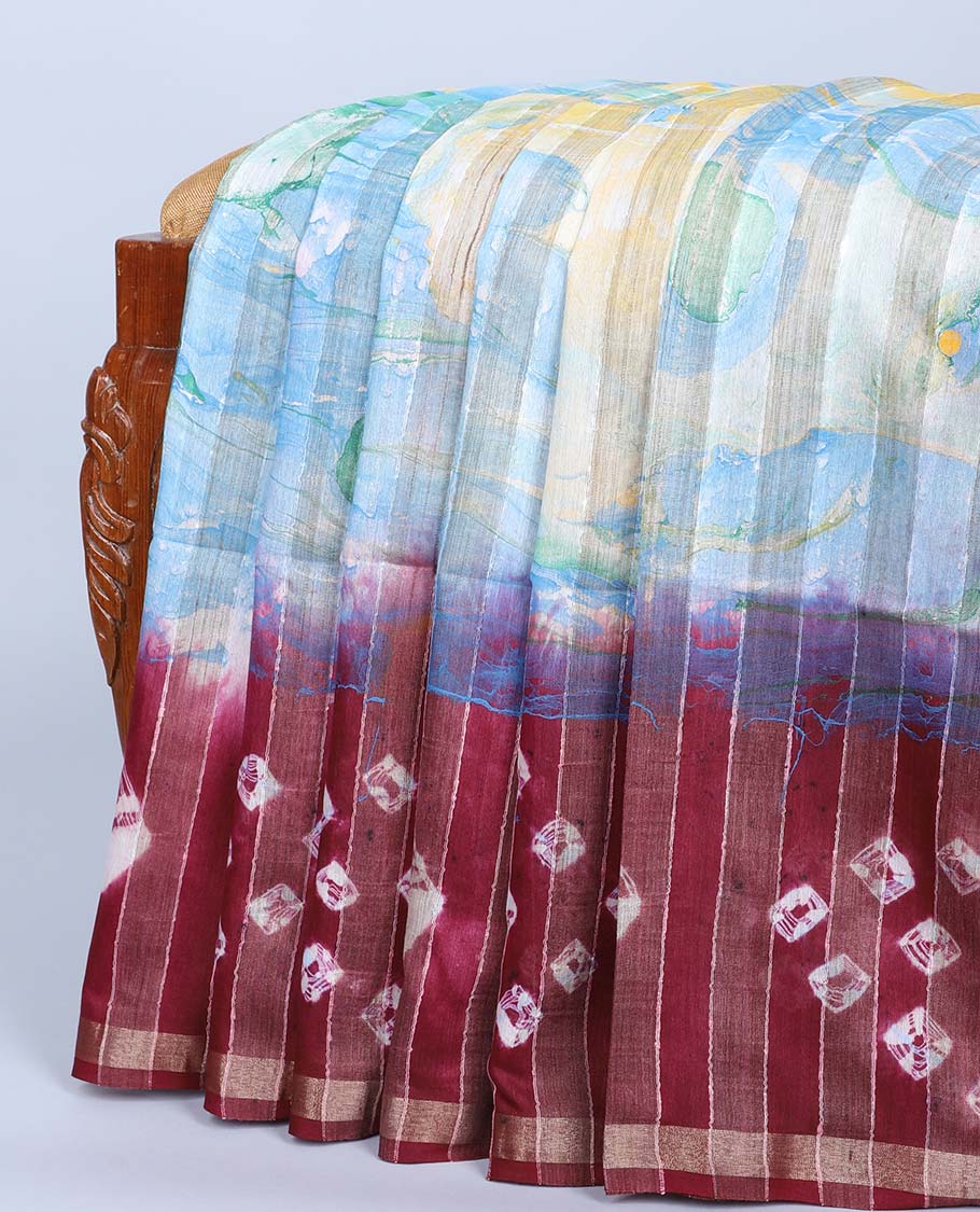Multi-color abstract printed linen cotton saree, contrast striped border & shibori motifs printed pallu