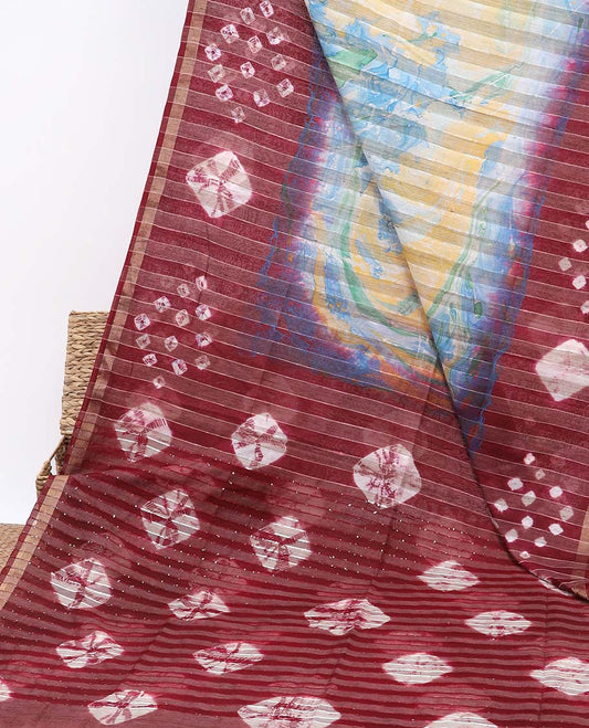 Multi-color abstract printed linen cotton saree, contrast striped border & shibori motifs printed pallu