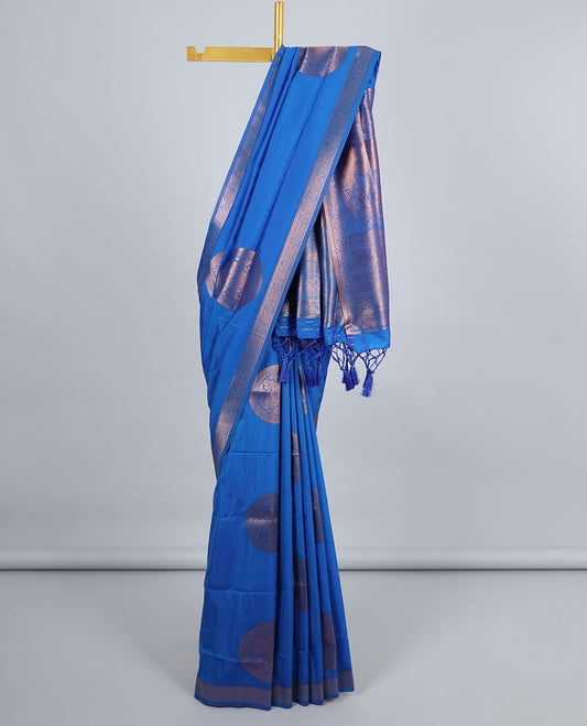 Blue butter silk saree with chakram zari buttas, zari border & self-pallu of traditional designs