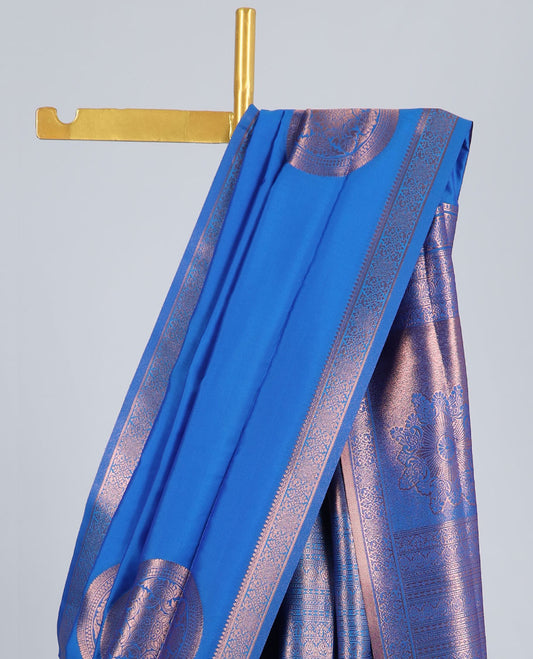 Blue butter silk saree with chakram zari buttas, zari border & self-pallu of traditional designs