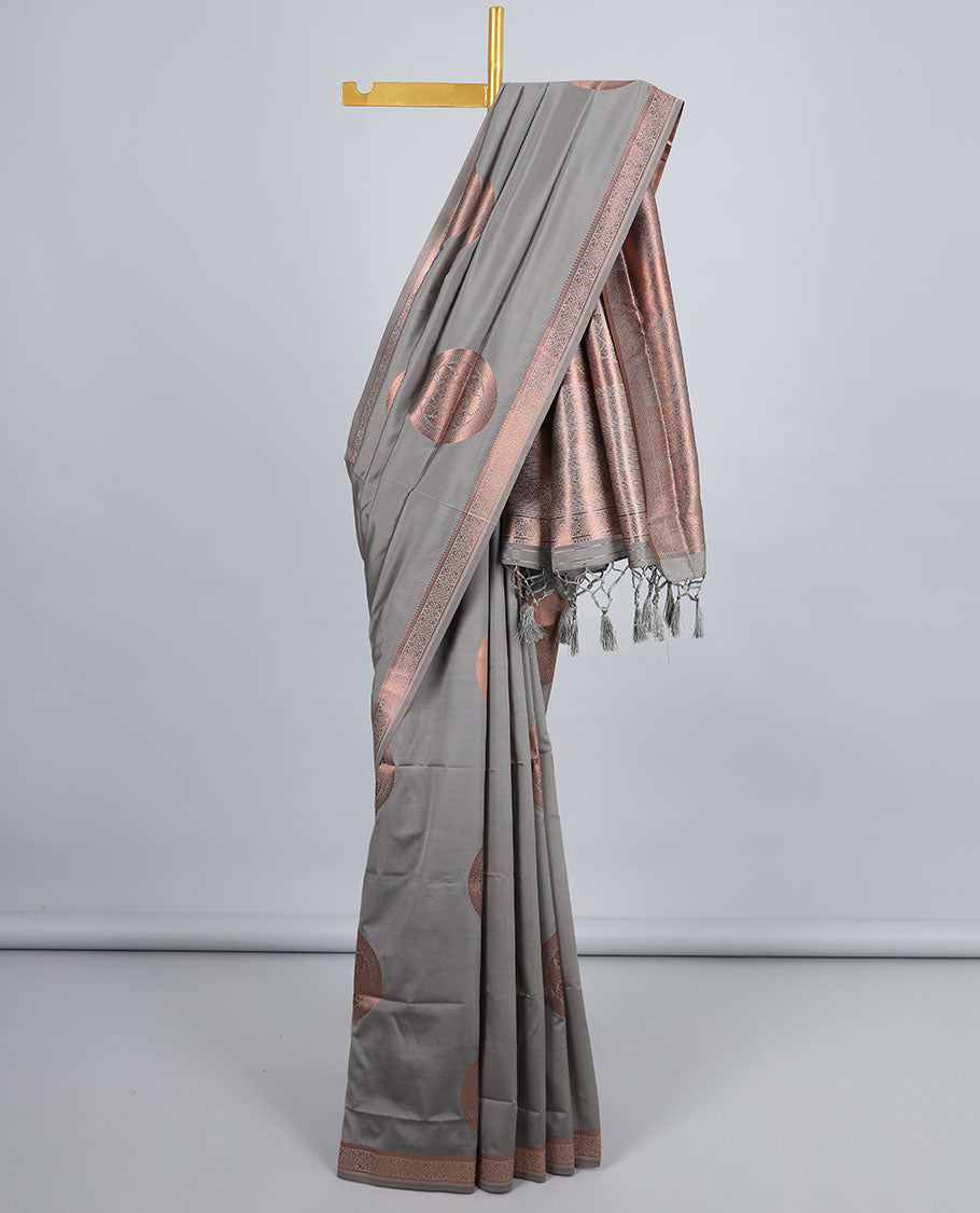 Grey butter silk saree with chakram zari buttas, zari border & self-pallu of traditional designs