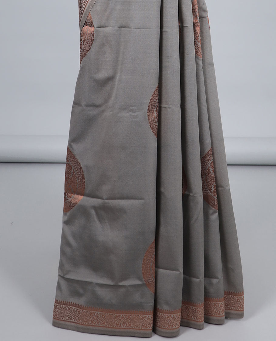 Grey butter silk saree with chakram zari buttas, zari border & self-pallu of traditional designs