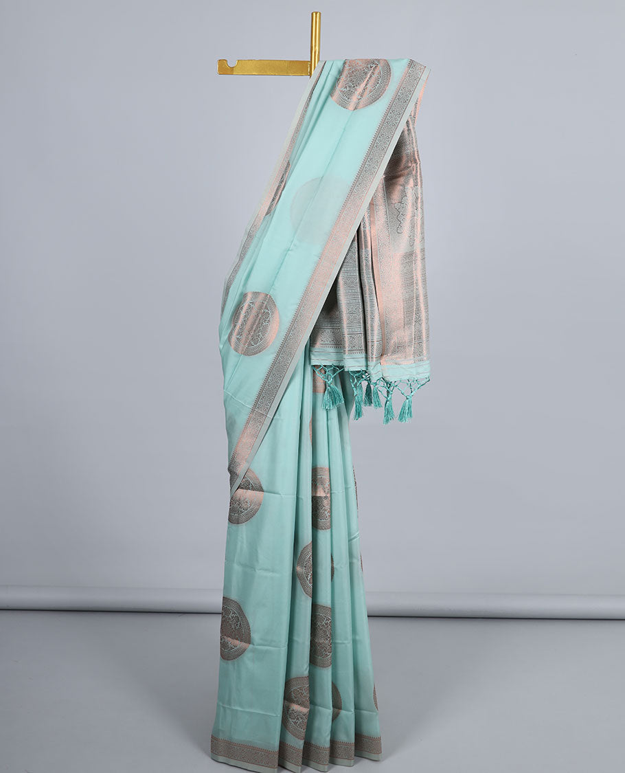 Blue butter silk saree with chakram zari buttas, zari border & self-pallu of traditional designs