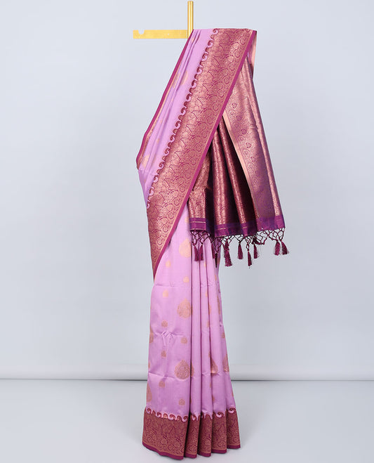Pink butter silk saree with zari buttas, contrast zari border of floral designs & pallu of intricate designs