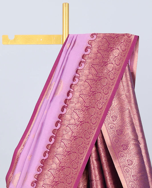 Pink butter silk saree with zari buttas, contrast zari border of floral designs & pallu of intricate designs