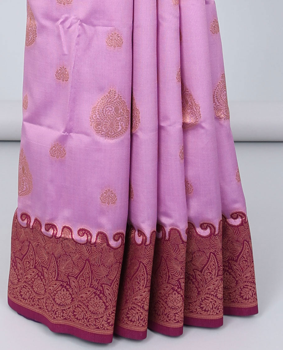 Pink butter silk saree with zari buttas, contrast zari border of floral designs & pallu of intricate designs