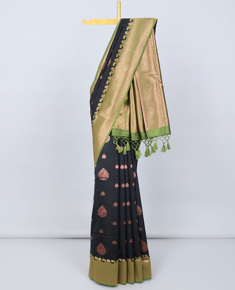 Black butter silk saree with zari buttas, contrast zari border of floral designs & pallu of intricate designs