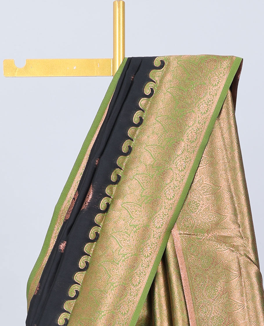 Black butter silk saree with zari buttas, contrast zari border of floral designs & pallu of intricate designs