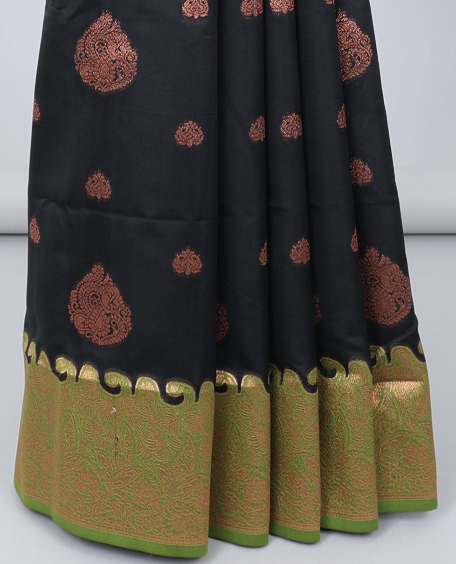 Black butter silk saree with zari buttas, contrast zari border of floral designs & pallu of intricate designs