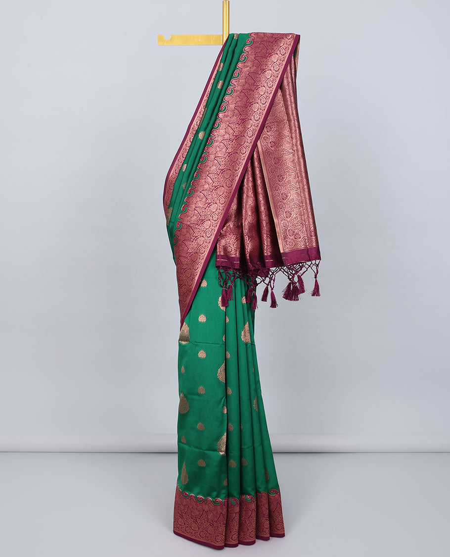 Green butter silk saree with zari buttas, contrast zari border of floral designs & pallu of intricate designs