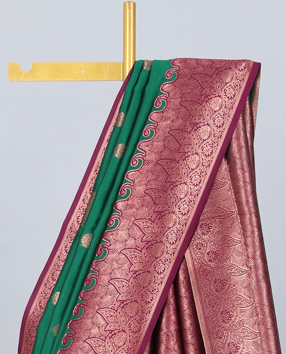 Green butter silk saree with zari buttas, contrast zari border of floral designs & pallu of intricate designs